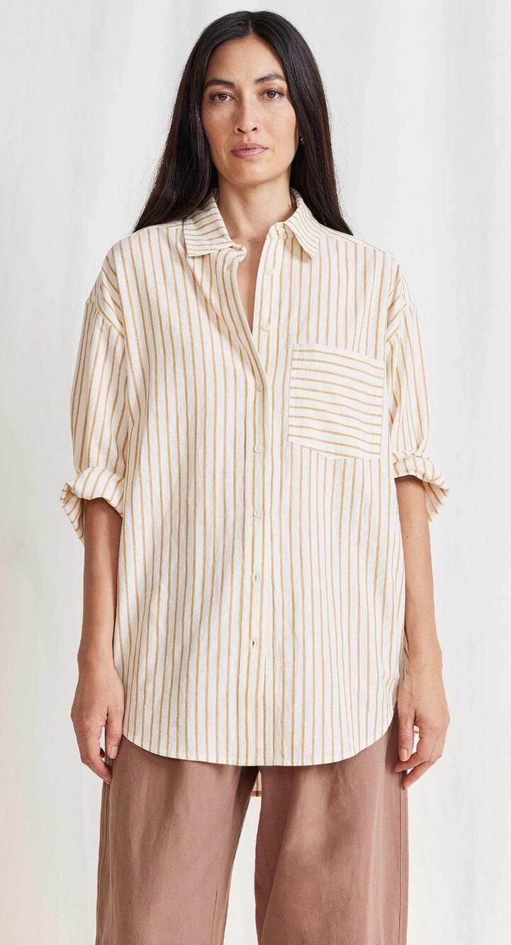 Apeice Apart Linen-Cotton Oversized Button Down Top in Sun Stripe Size XS
